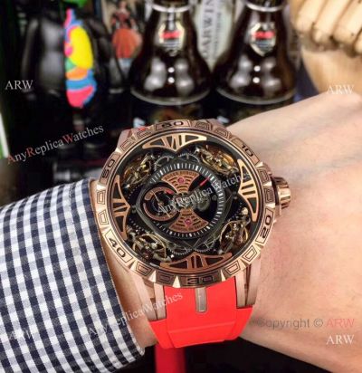 Copy Roger Dubuis Excalibur Quatuor Men Watches Red Rubber Strap Rose Gold Case